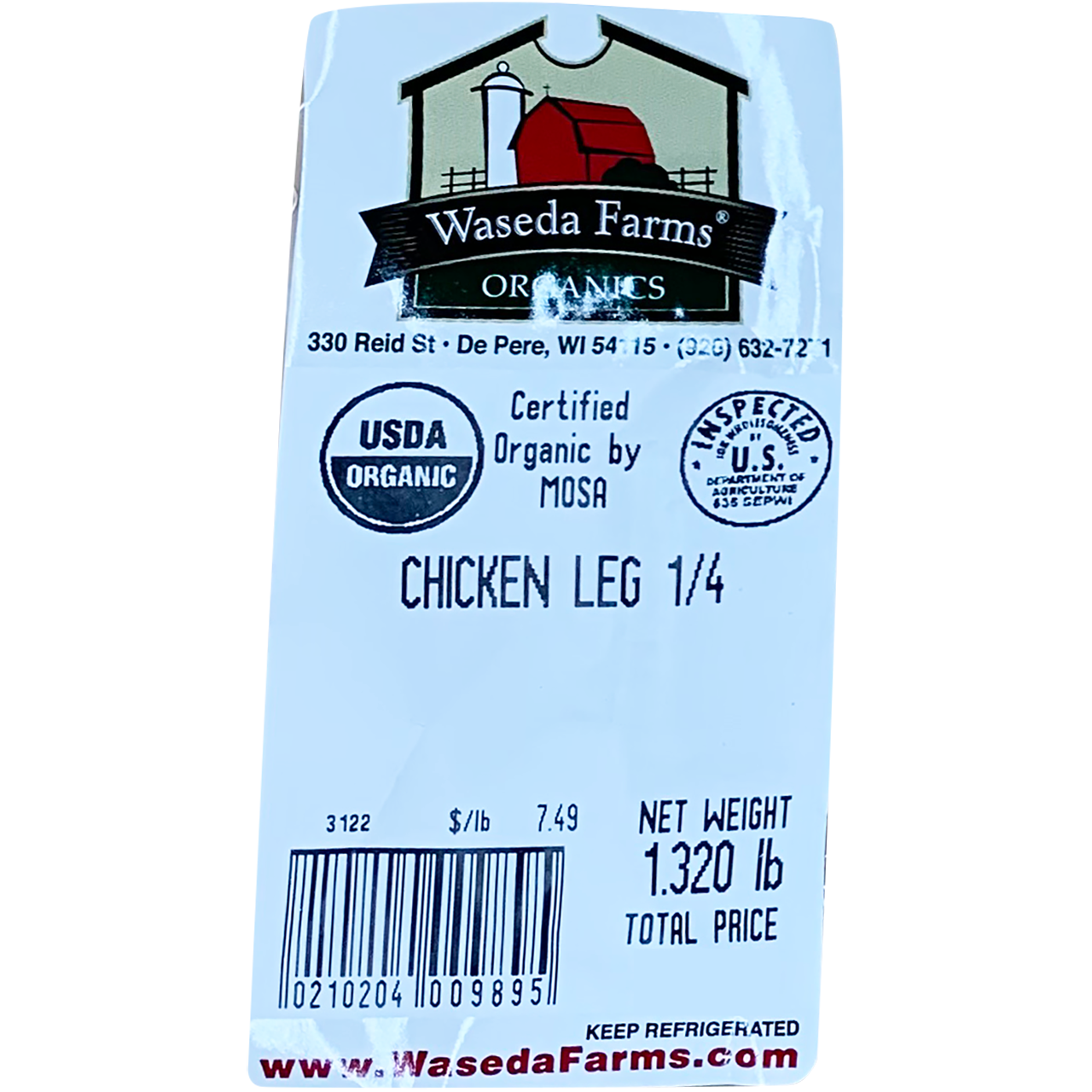 The label for chicken legs from Waseda Farms.