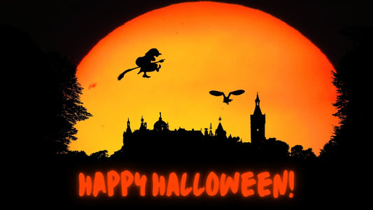 Witch Flying in Front of a Gold Moon with Orange Happy Halloween Text