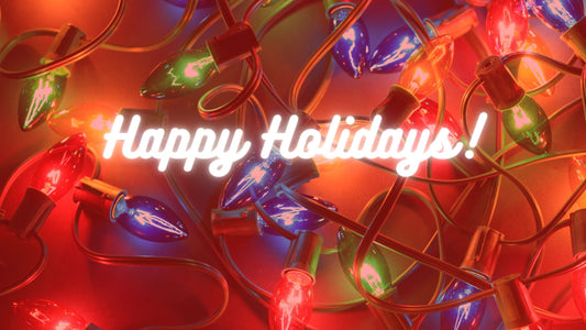 Christmas Lights with Red Overlay and White Happy Holidays Text