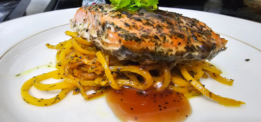 Broiled Raspberry Glaze Wild Salmon with Brown Sugar Butternut Squash Noodles from Chef Champion