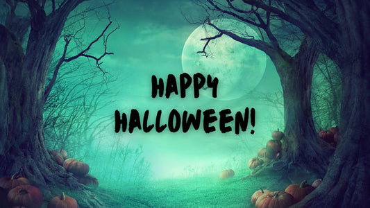 Spooky Woods Background with Black Happy Halloween Text