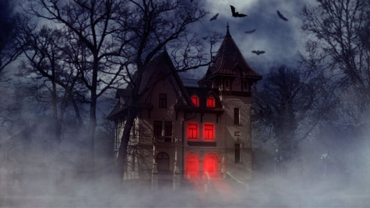Haunted House in Fog with Red Windows and Doors