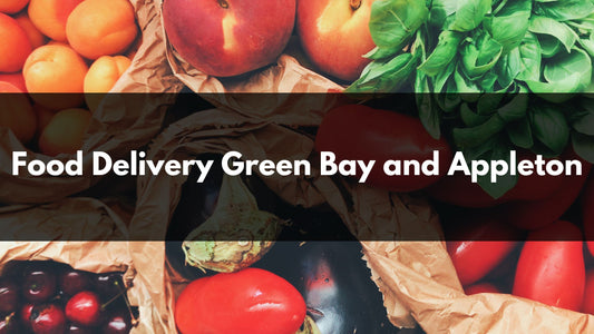 Fresh Vegetables and Fruit on a Table with Black Text Bar and White Food Delivery Green Bay and Appleton Text