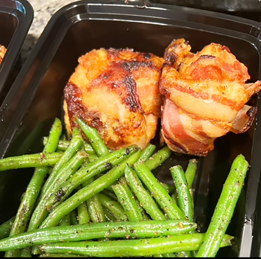 Bacon Wrapped Apple BBQ Chicken with Veggies Meal