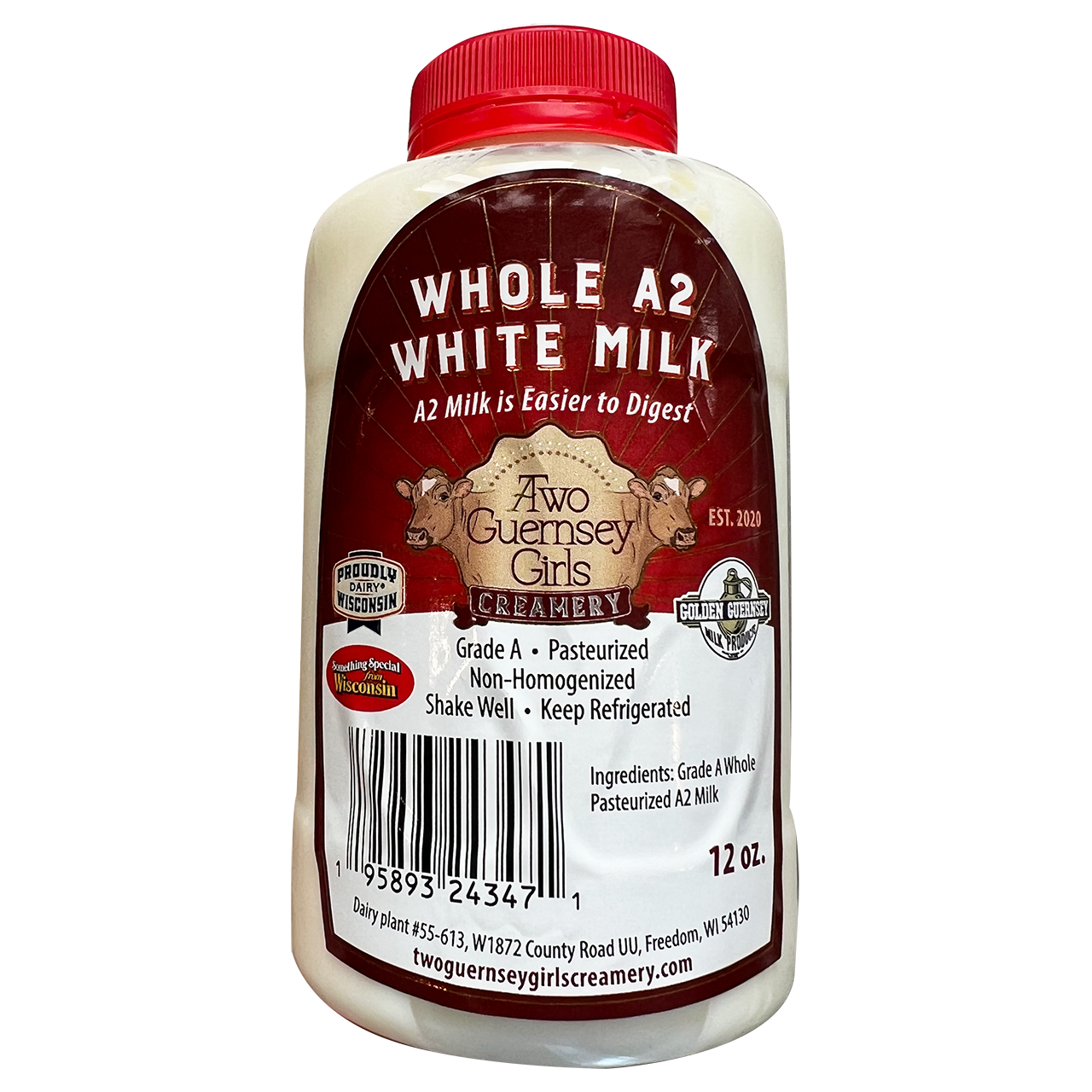 Milk - Grade A Whole A2 White Milk - 12 oz. Chugger